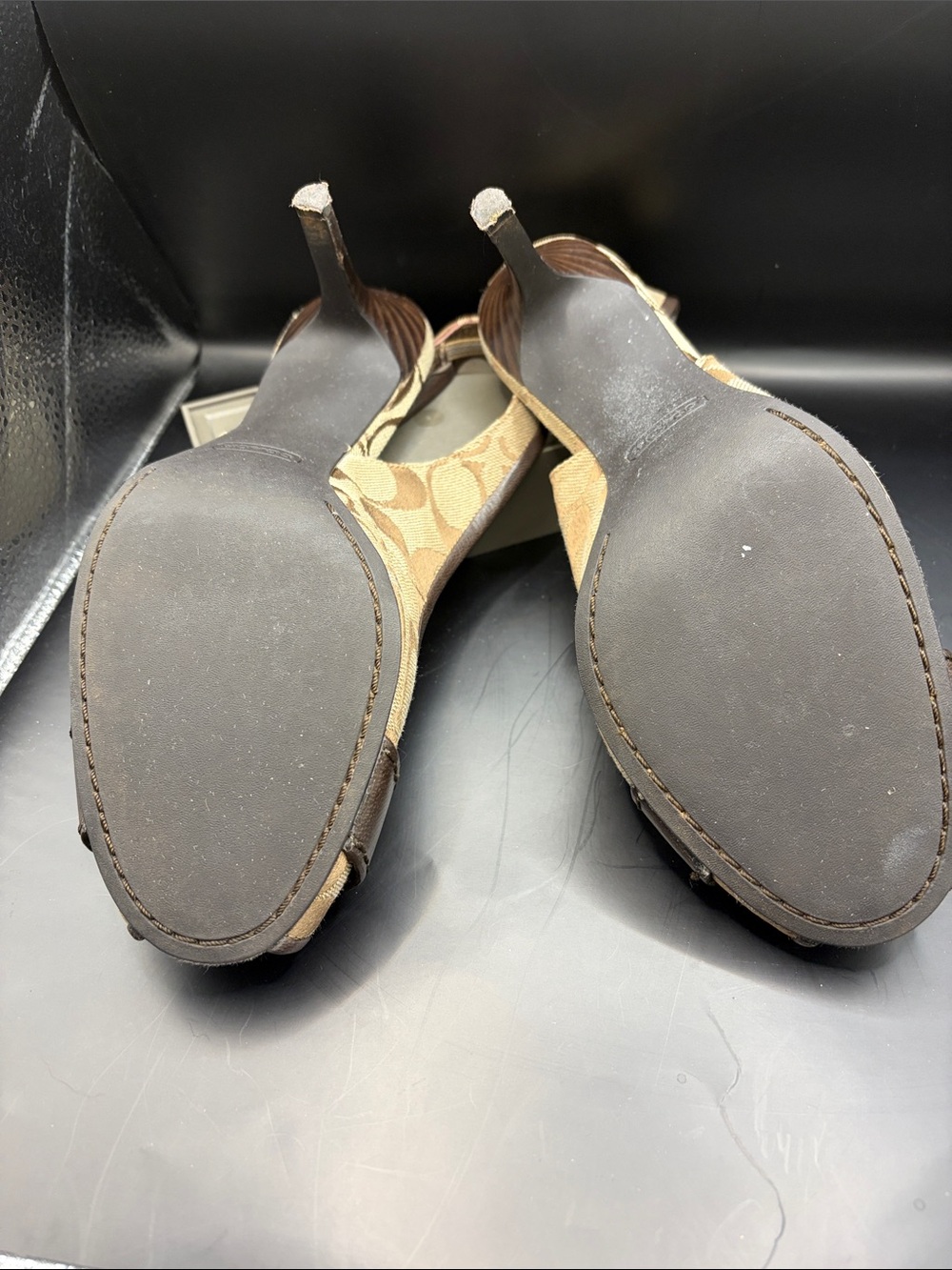 Coach Brown Canvas & Dark Brown Leather Peep-Toe Slingback Heels - Picture 5 of 5